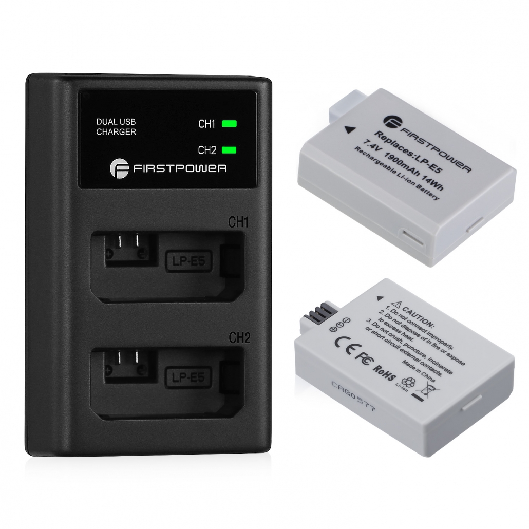 FirstPower ENEL3E Battery 2Pack 2300mAh & Dual USB LED Charger