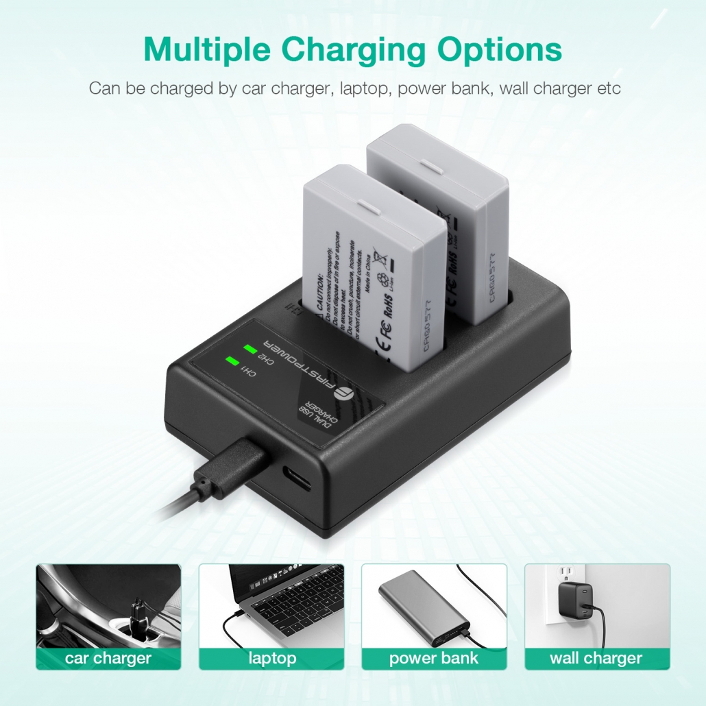 FirstPower LPE5 Battery 2Pack 1900mAh & Dual USB LED Charger